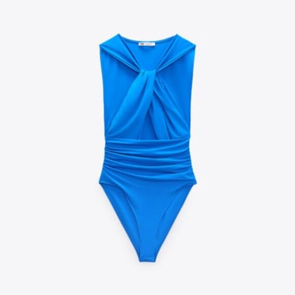 Zara Women Knotted Neckline Bodysuit - Size M - Blue - Picture 5 of 9